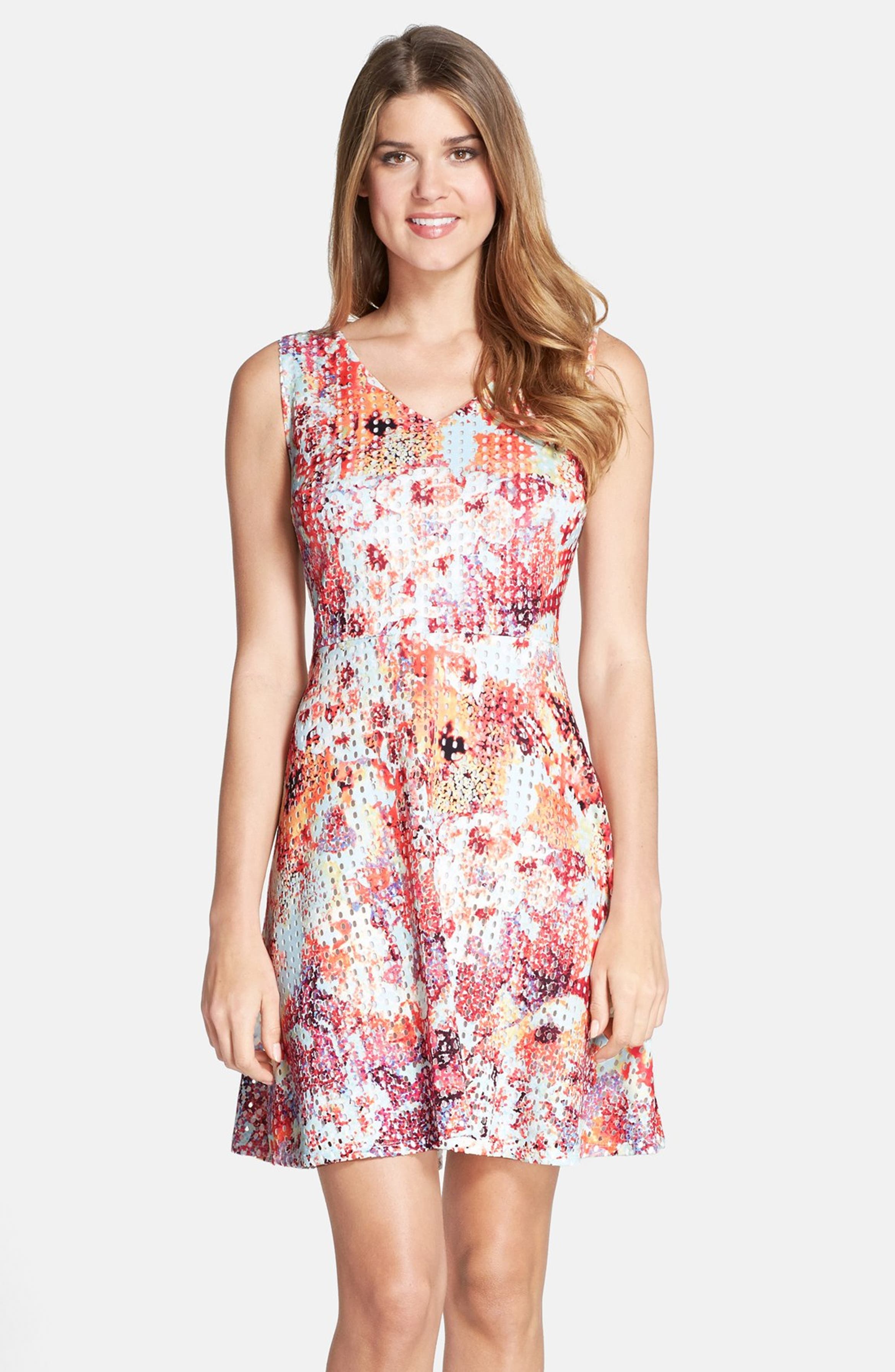 ECI Perforated Floral Print Fit & Flare Dress | Nordstrom