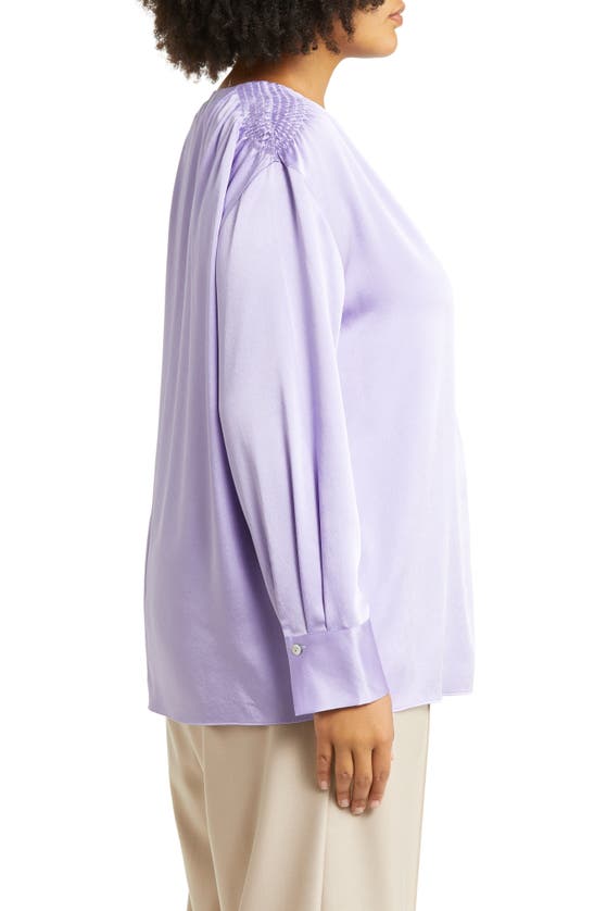 Vince Smocked Shoulder Long Sleeve Satin Blouse In Lily Stone