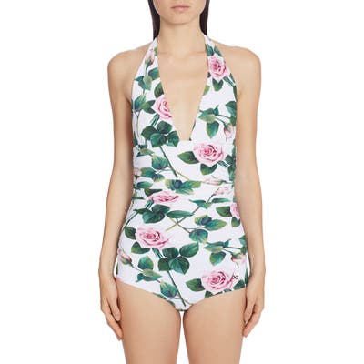Dolce & gabbana Ruched Rose Print Halter One-Piece Swimsuit, (fits like 0-2 US) - White