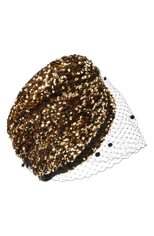 KAT AND CLARESE Sequin Head Wrap with Veil in Gold