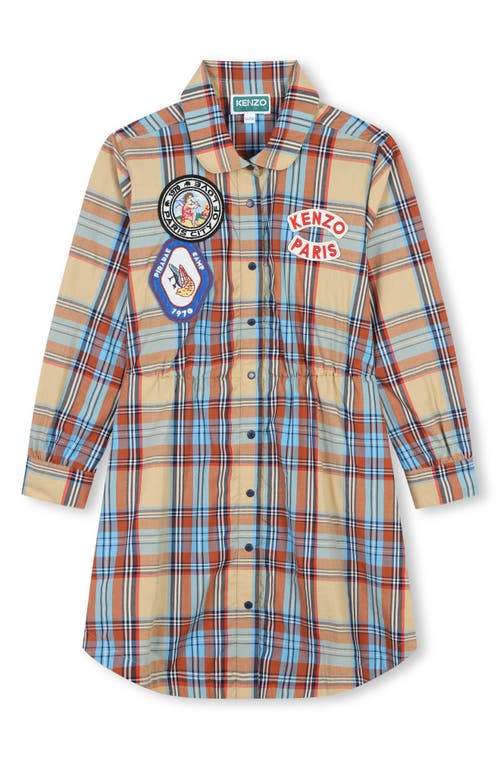 Shop Kenzo Kids' Long Sleeve Plaid Cotton Shirtdress In Sand