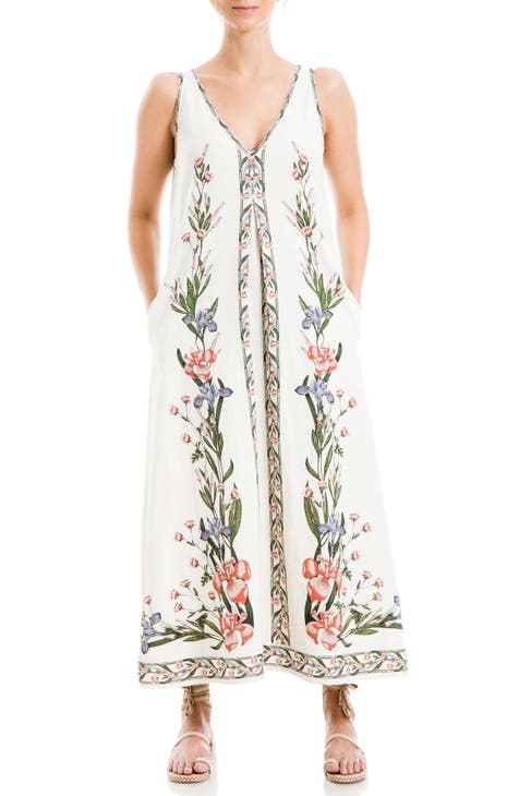 Placed Floral Print Linen Blend Midi Dress