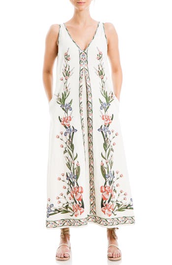 Max Studio Placed Floral Print Linen Blend Midi Dress In White