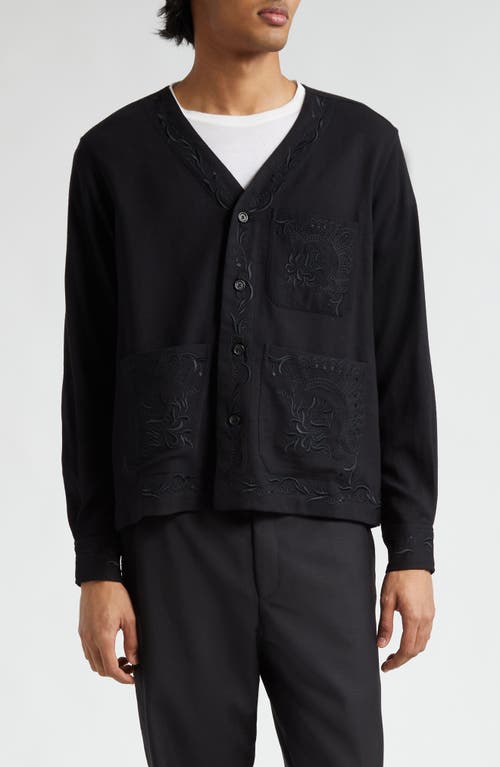Bode Dumas Embroidered V-Neck Wool Button-Up Overshirt Black at Nordstrom,