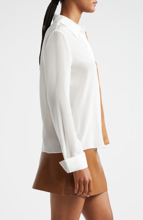 Shop Alice And Olivia Alice + Olivia Willa Colorblock Silk Button-up Shirt In Off White/camel