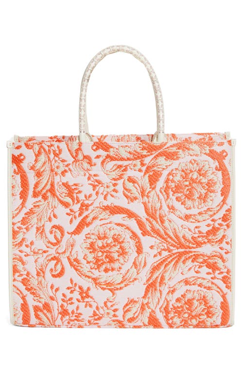 Shop Versace Extra Large Athena Barocco Raffia Tote In Multicolor Ivory Coral Pink