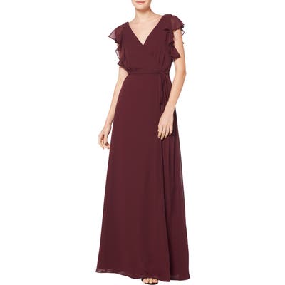 #levkoff Ruffle Sleeve Chiffon Wrap Evening Dress, Burgundy