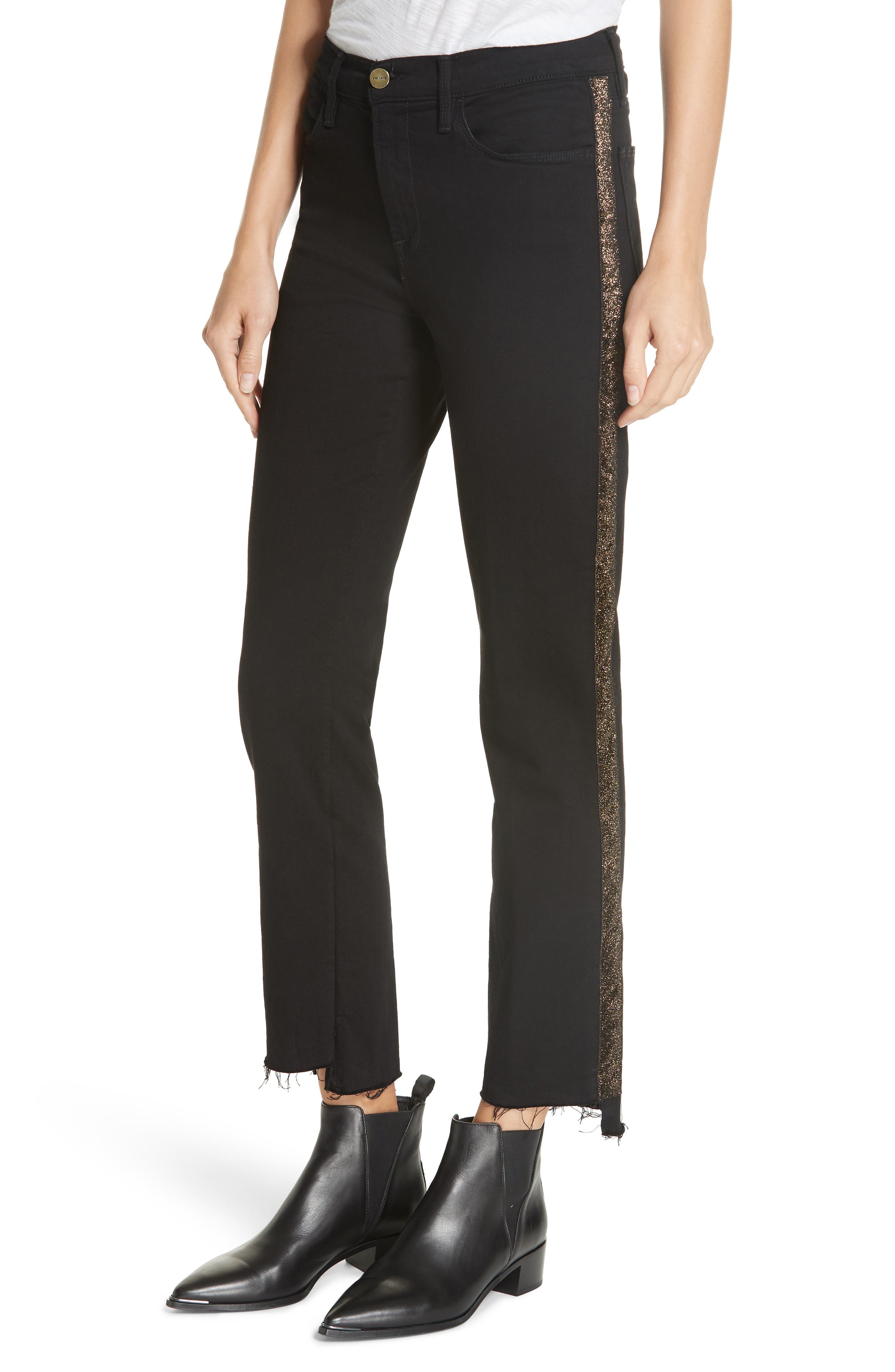 FRAME Le High Glitter Side Stripe Ankle Straight Leg Jeans