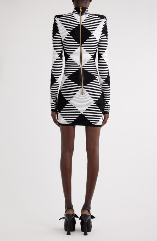 Shop Balmain Vichy Gingham Jacquard Long Sleeve Minidress In Eab Black/white