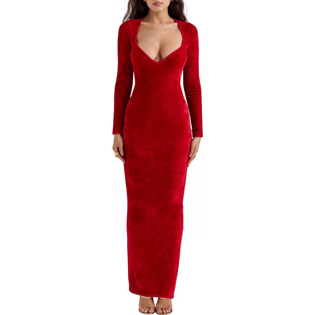 House Of Cb Aria Long Sleeve Chenille Gown In Salsa