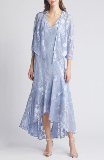 Metallic Floral High Low Chiffon Jacquard Midi Dress with Jacket