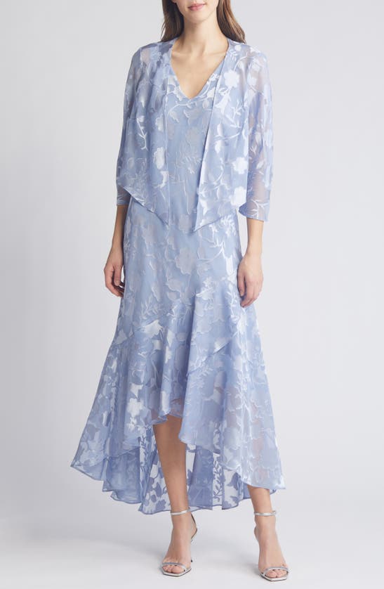 Alex Evenings Metallic Floral High-low Chiffon Jacquard Midi Dress With Jacket In Hydrangea