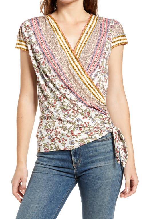 Loveappella Wrap Front Top In Ivory/coral