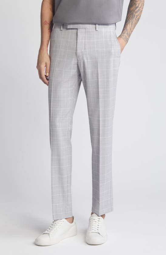 Shop Open Edit Extra Trim Fit Plaid Wool Blend Trousers In Grey Finestra Plaid