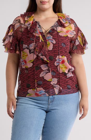 Joie Devon Floral Ruffle Silk Top In Oxblood Multi