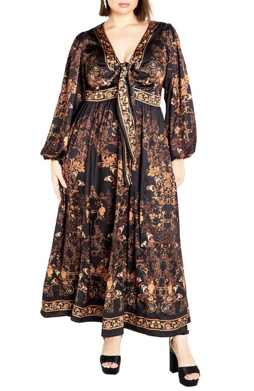 City Chic Ivanna Scarf Print Long Sleeve Maxi Dress In Black/gold Opulent