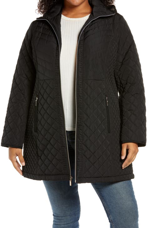 Plus Size Black Quilted Shawl Collar Coat