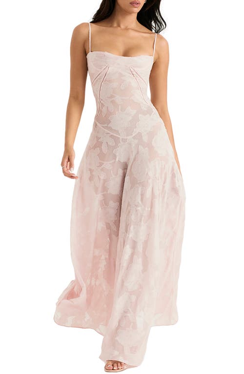 HOUSE OF CB Seren Blush Sheer Lace-Up Back Gown at Nordstrom,