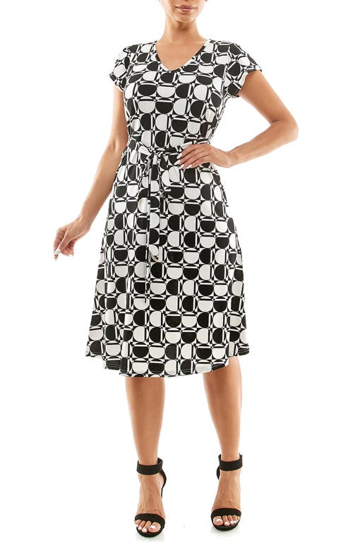 Shop Nina Leonard Patterned Cap Sleeve Fit & Flare Dress In Black/ivory Multi