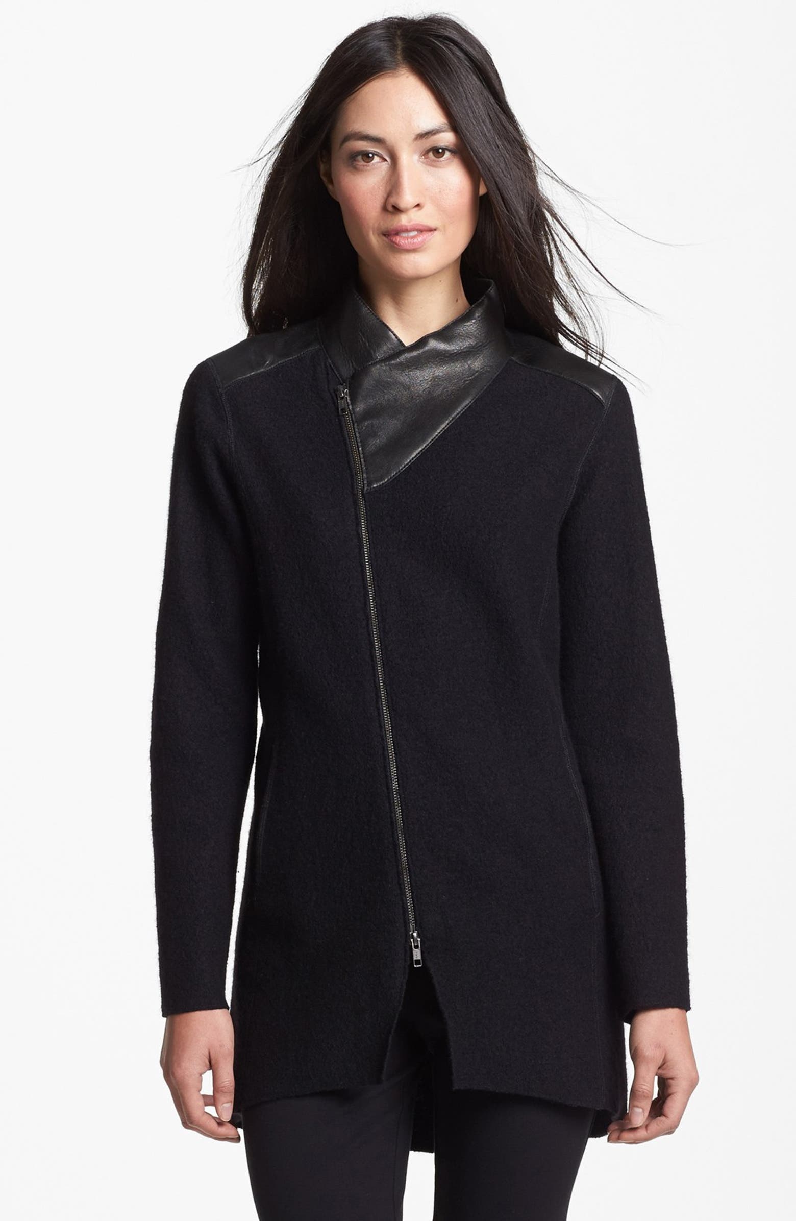 Eileen Fisher Leather Trim Boiled Wool Jacket (Petite) | Nordstrom