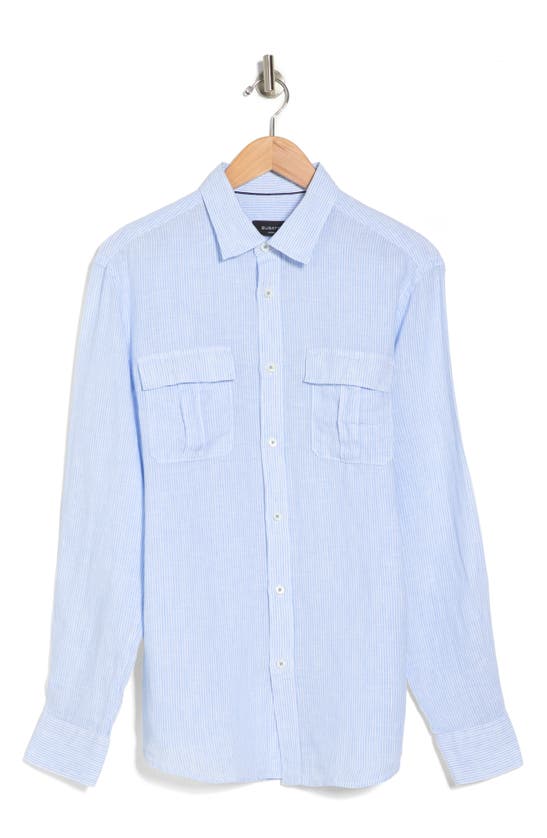 Bugatchi Julian Shaped Fit Pinstripe Linen Button-up Shirt In Sky