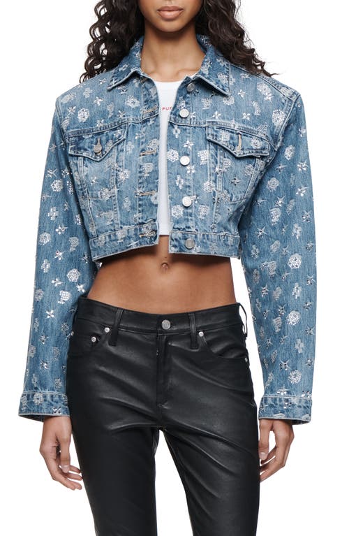 PURPLE BRAND Mono Bling Crop Denim Jacket Mid Indigo at Nordstrom,