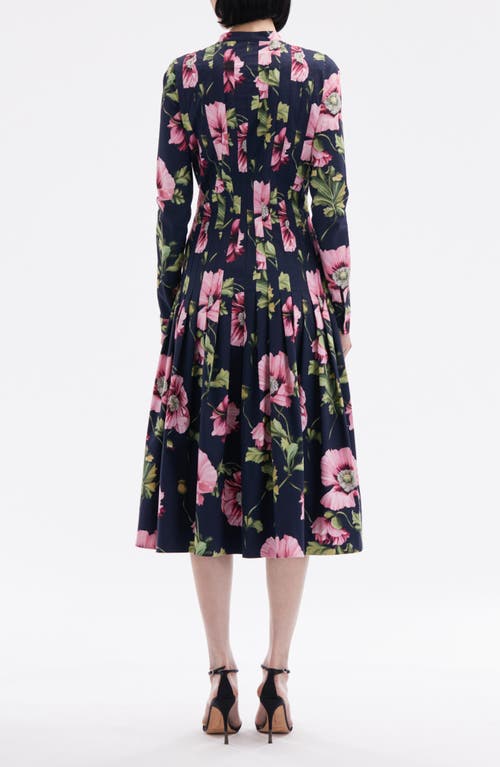 Shop Oscar De La Renta Paneled Poppy Print Long Sleeve Midi Shirtdress In Navy/pink