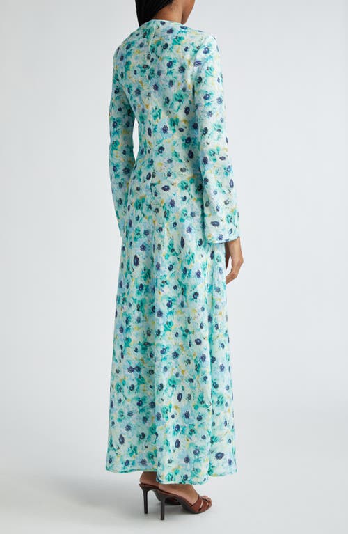 Shop Zimmermann Lightburst Floral Bias Cut Long Sleeve Linen Dress In Aqua Floral