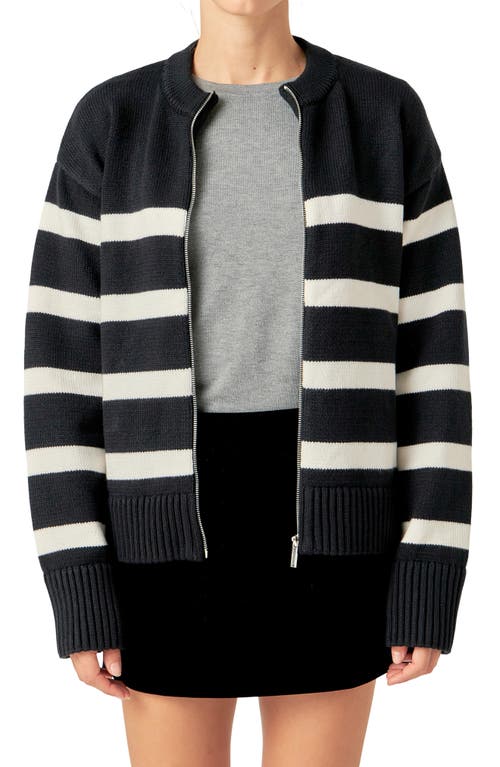 Shop English Factory Stripe Zip-up Cardigan In Black/ivory