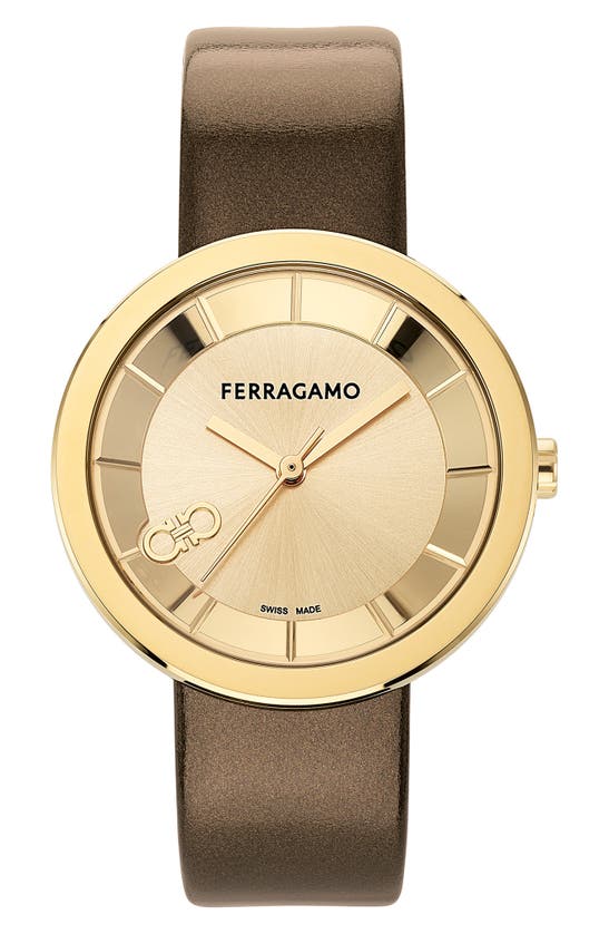 Shop Ferragamo Curve V2 Leather Strap Watch, 35mm In Brown/ Yellow Gold