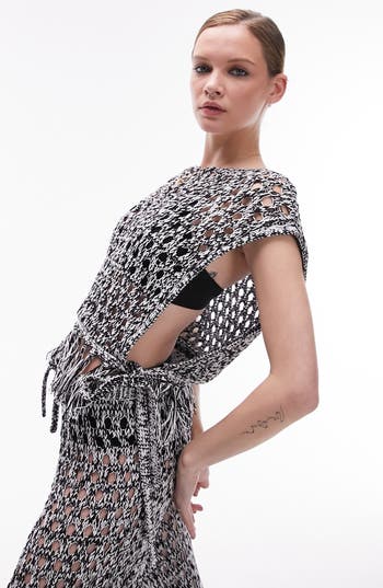 Topshop Knitted Tie Side Beach Top In Monochrome-multi In White Multi