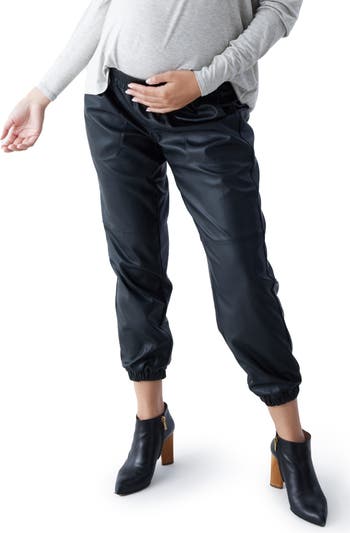 Comfy Cool Foldover Waistband Faux Leather Maternity Jogger Pants –  Accouchée Official