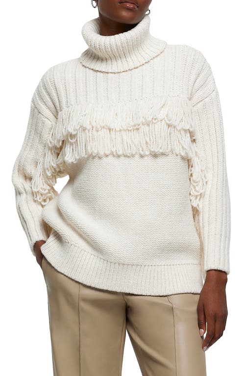 River Island Fringe Turtleneck Sweater Cream at Nordstrom,