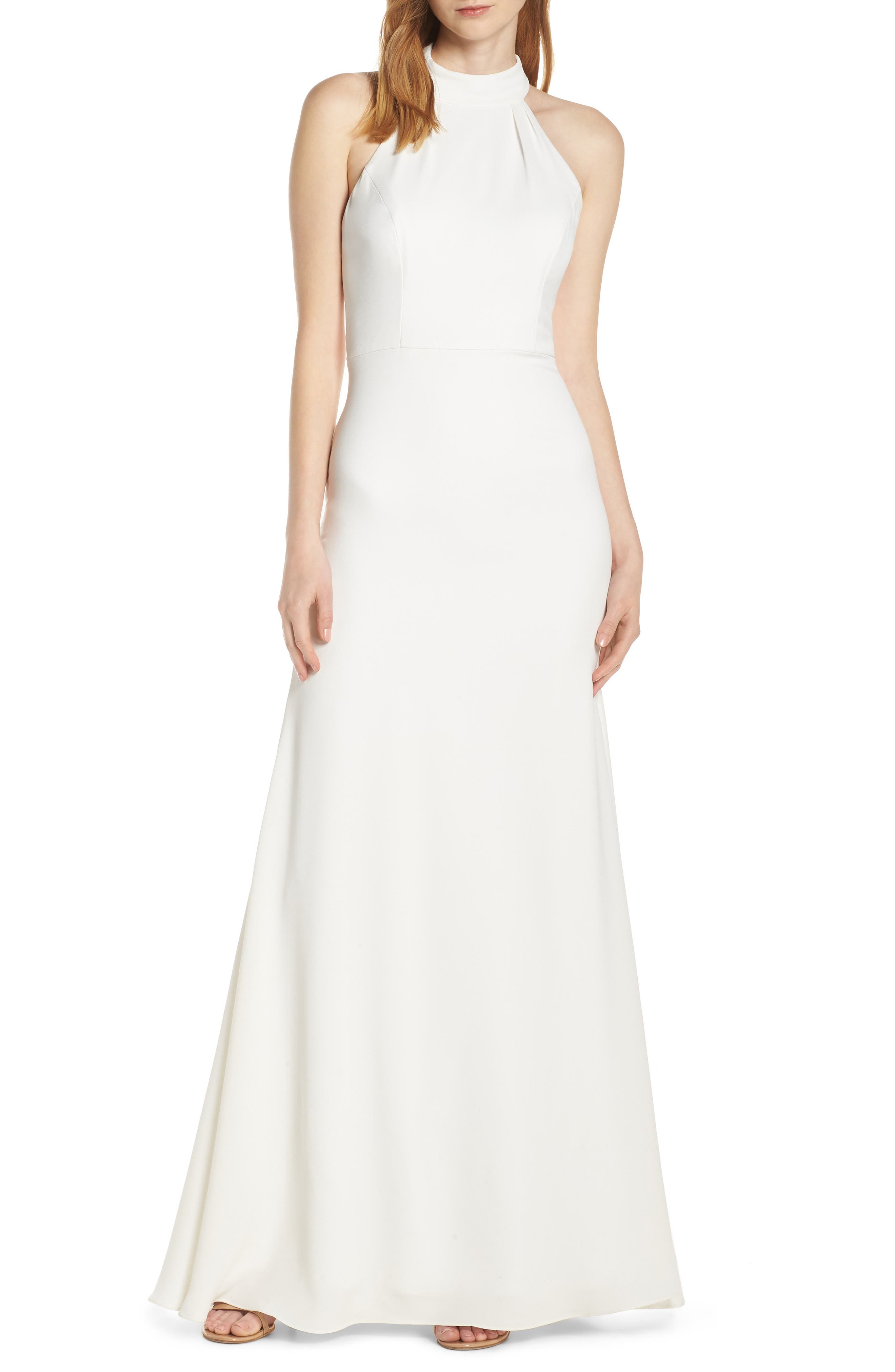 Hayley Paige Occasions Mock Neck Strappy Back Crepe Evening Dress, Ivory