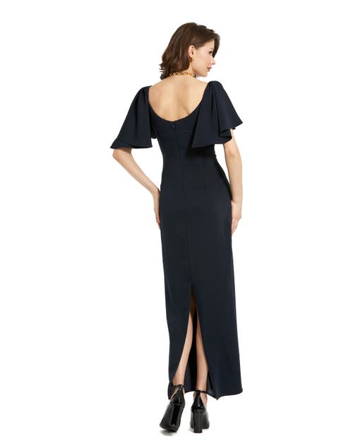 Mac Duggal Crepe Ruffle Sleeve Fitted Maxi Dress In Navy