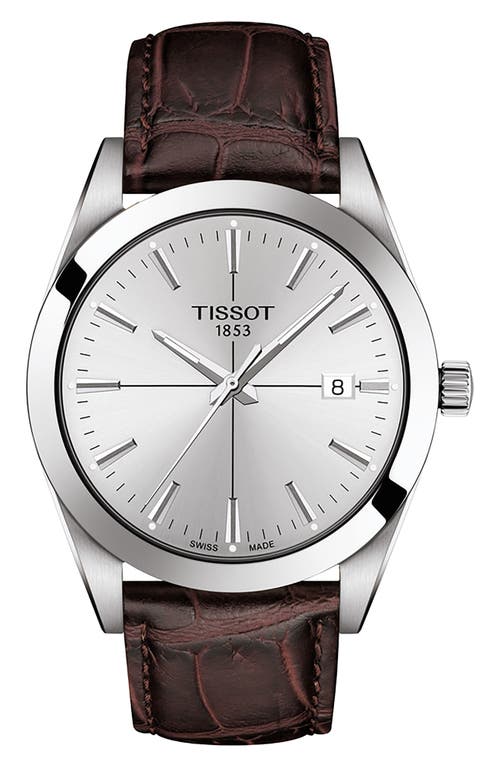 Tissot Gentleman Leather Strap Watch, 40mm in Brown/Silver at Nordstrom