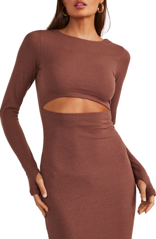 Shop Vici Collection Body Language Cutout Waist Long Sleeve Rib Dress In Brown