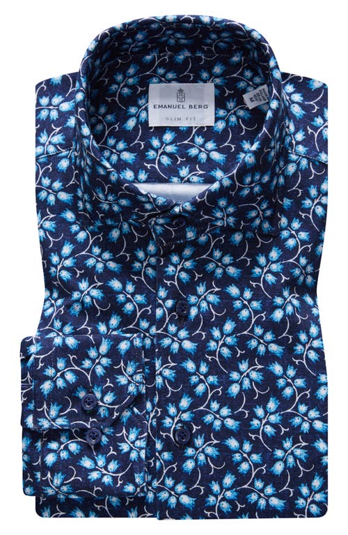 4Flex Slim Fit Floral Knit Button-Up Shirt in Dark Blue