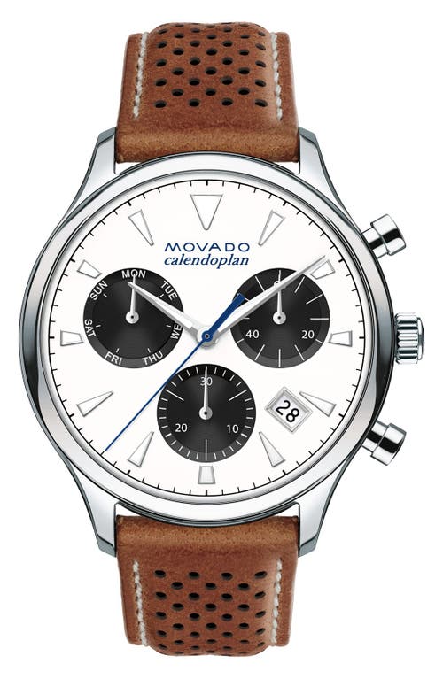 Movado 'heritage' Chronograph Leather Strap Watch, 43mm In Brown/white