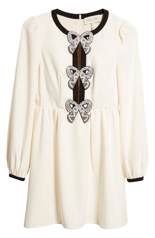 SALONI Beaded Bow Long Sleeve Crepe Dress in Cream/Black/Bows