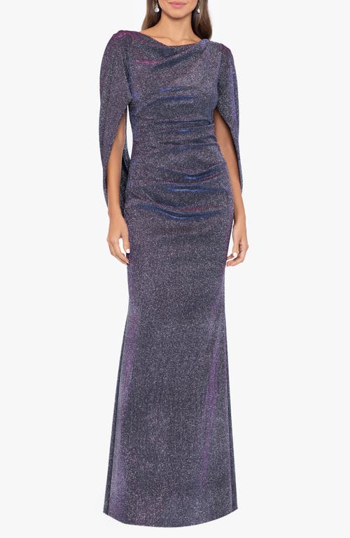 Betsy & Adam Glitter Drape-back Cape Gown In Black/silver/fushia