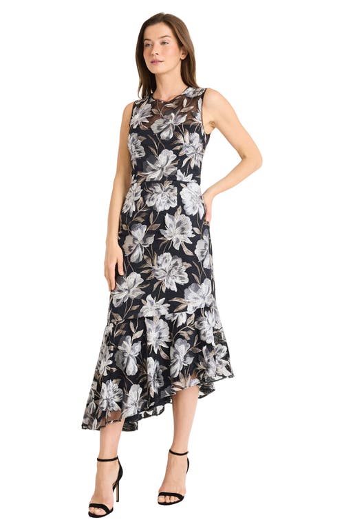 Shop Maggy London Floral Sleeveless Mesh Midi Dress In Black/grey