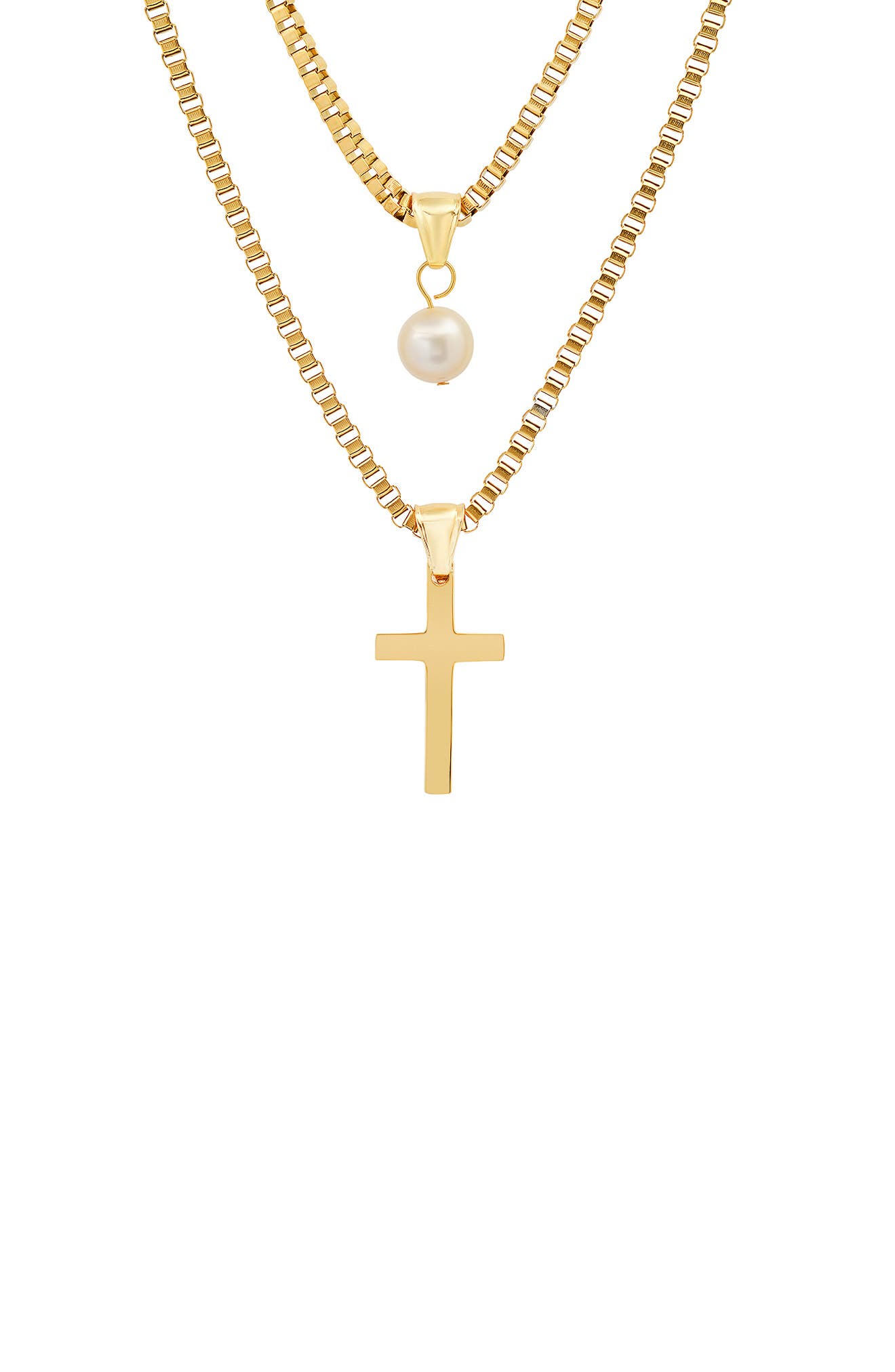 Steeltime Pearl + Cross Double Pendant Stack Necklace - Gold