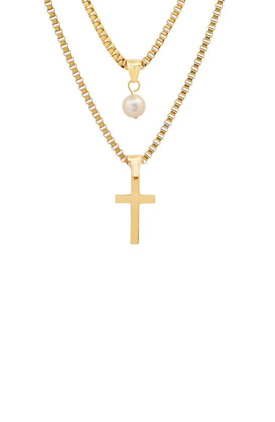Hmy Jewelry 18k Gold Plated Stainless Steel Imitation Pearl & Cross Pendant Layered Necklace In Yellow