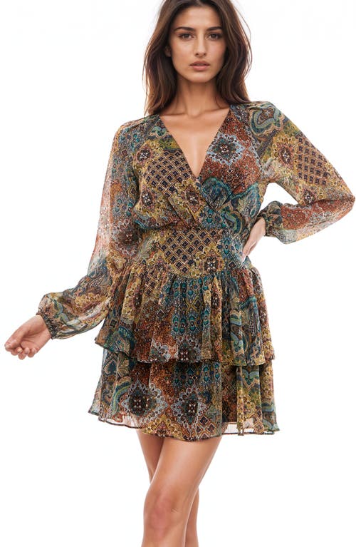 Shop Socialite Print Long Sleeve Ruffle Chiffon Minidress In Teal/rust