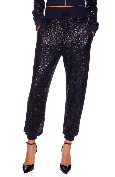 Womens Glitter Sequin Joggers Pants High Waist Stretchy Wear Shiny Trousers