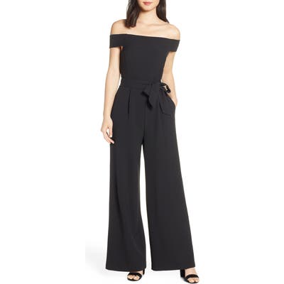 Eliza J Off The Shoulder Wide Leg Crepe Jumpsuit, Black