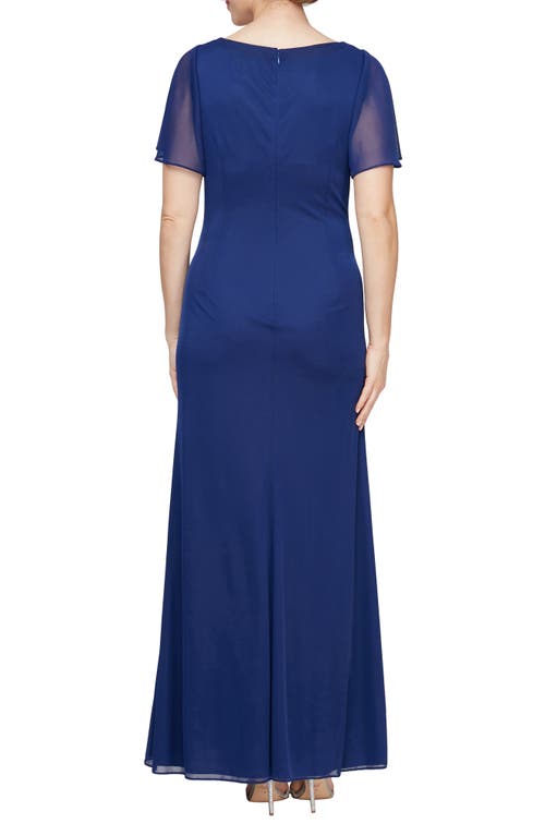 Shop Alex Evenings Flutter Sleeve Faux-wrap Gown In Electric/blue