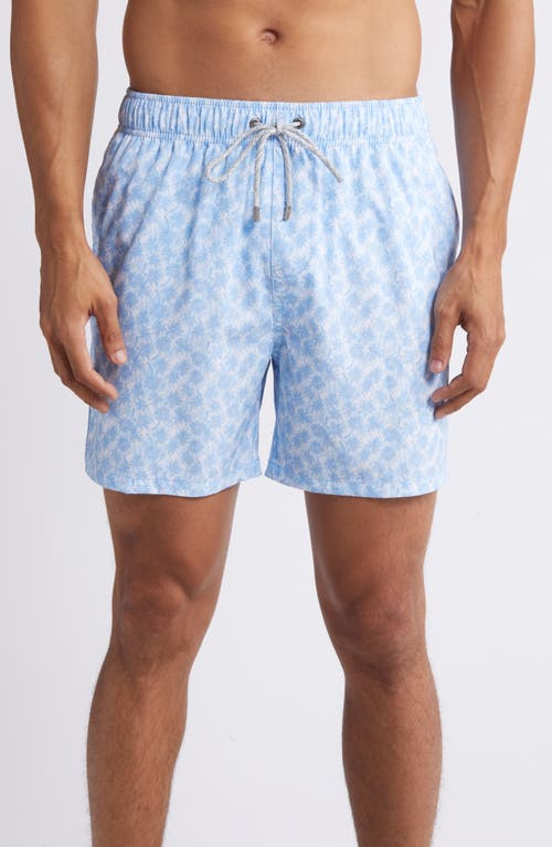 Ditsy Palm Print Water Repellent Swim Trunks in Blue
