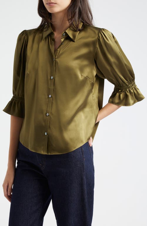 Shop Cinq À Sept Fiona Ruffle Cuff Silk Button-up Shirt In Dark Olive